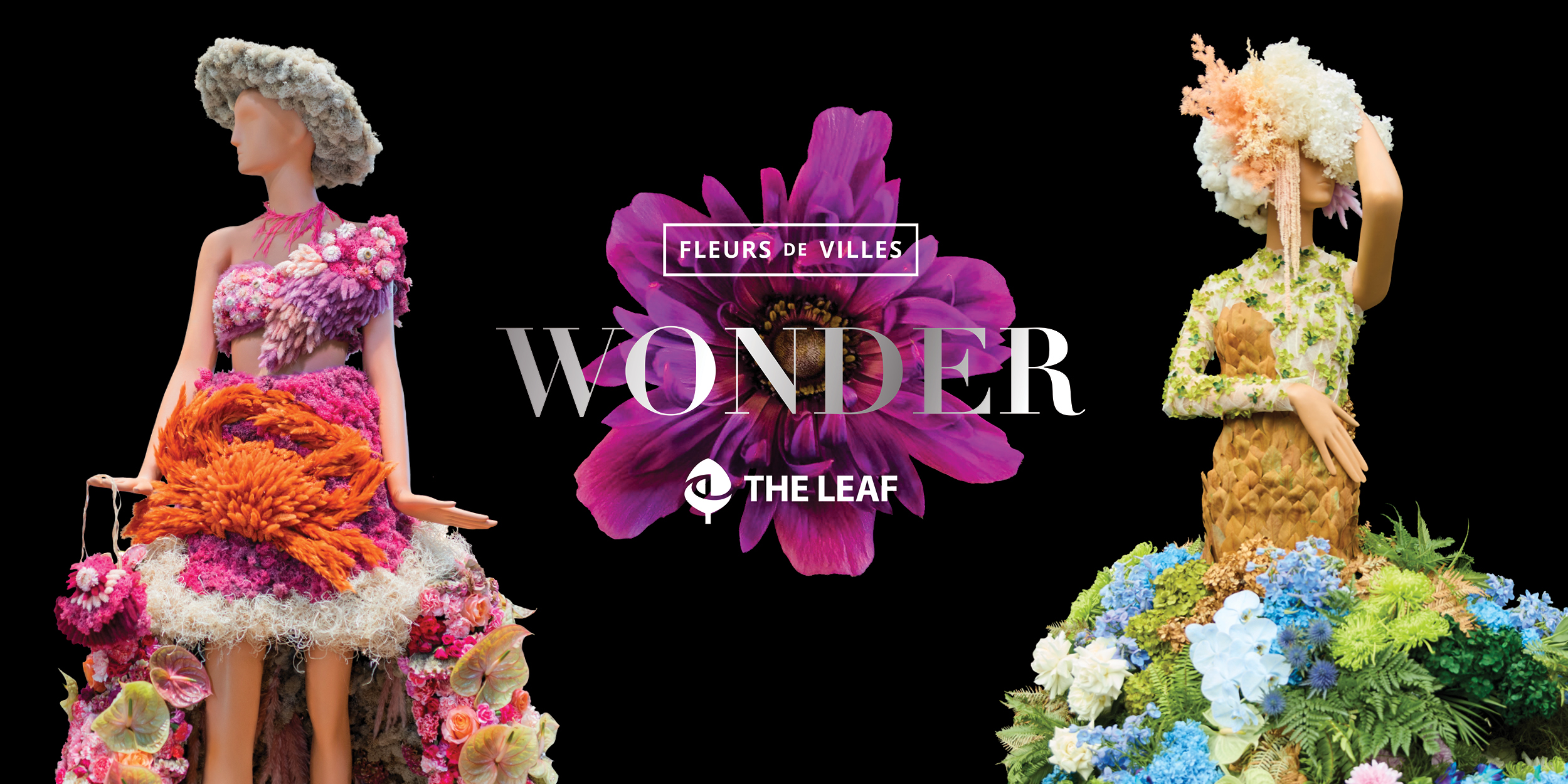 Wonder logo placed in between two floral mannequins